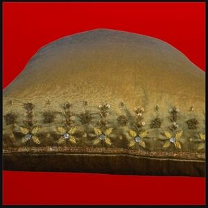 VTG Pillow Embellished Gold Fabric Beaded Pattern Sequence India 1990, 17" X 17"